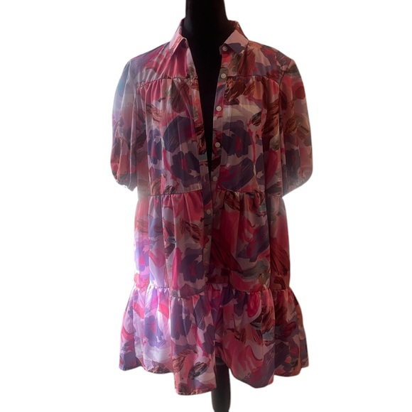 Pink multi colored Floral  Ruffle Hem Smock Dress,baby doll dress,Large,New - Picture 8 of 12